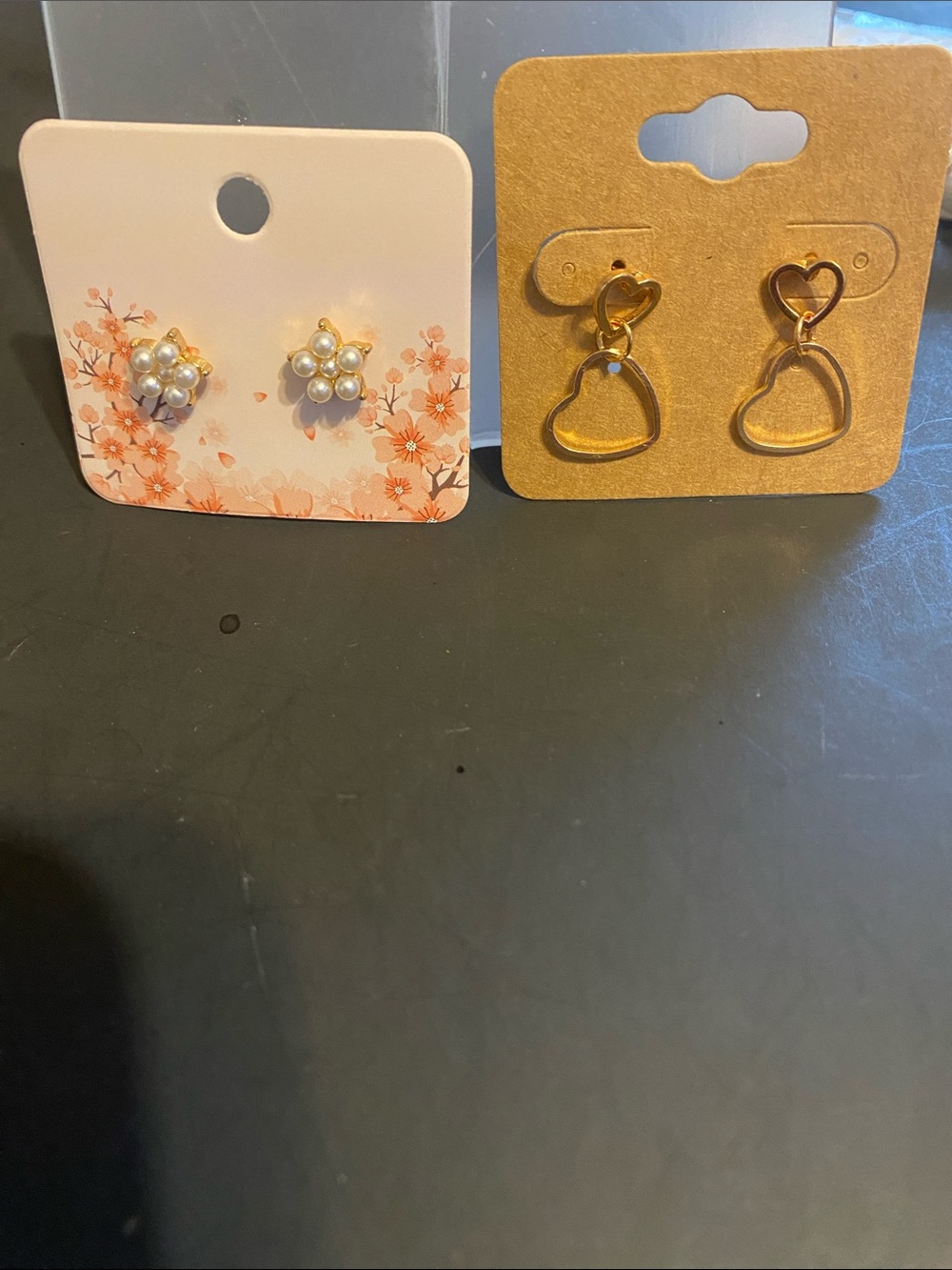 Gold Heart Drop Earrings and Pearl Cluster Stud Set - Gold